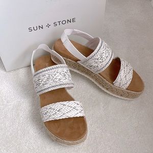 Sun + Stone White and Silver Platform Strappy Espadrilles Size 8.5